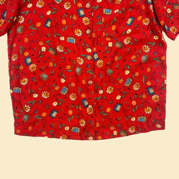 1980s red floral blouse by SK Wear, size S vintage 80s patterned blouse - Picture 4 of 9